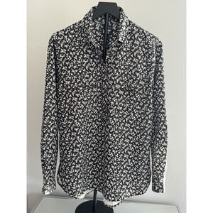 Lands' End Women's Button Front Floral Shirt Black Gray White LS Sz M (10-12)